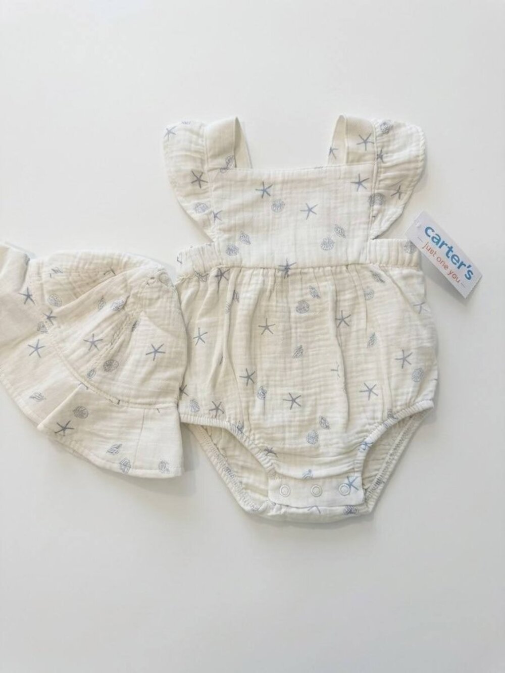 Carters Baby Girl 0-3M Gauze Bubble Romper Sun Hat Set Ivory Starfish Shell NWT